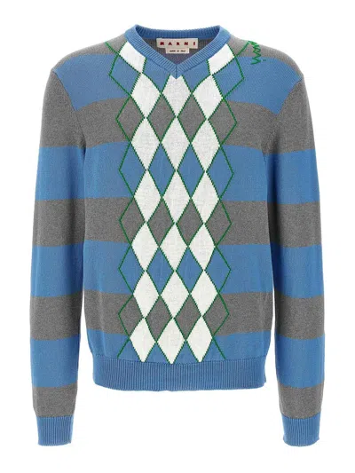Marni V-neck Argyle Pattern Sweater In Blue