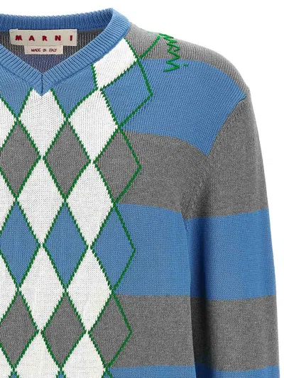 Marni V-neck Argyle Pattern Sweater In Blue