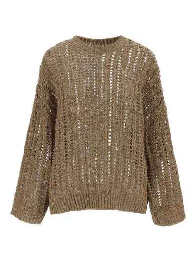 Brunello Cucinelli Net Sweater With Crew Neck And Open-knit Design In Brown
