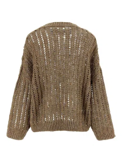 Brunello Cucinelli Net Sweater With Crew Neck And Open-knit Design In Brown