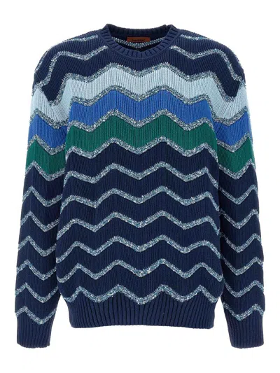 Missoni Pullover Mit Rundhalsausschnitt Und Makro-zickzack- Und Melange-details In Blue