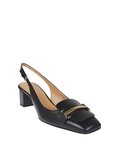 Tod's Branded Metal Bar Leather Slingback In Black
