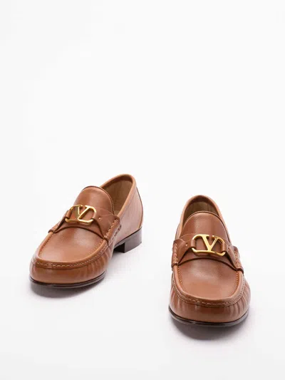 Valentino Garavani V-logo Embellished Full-grain Nubuck Loafers In Brown