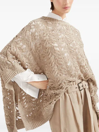 Brunello Cucinelli Linen Blend Perforated Sweater With Sequins
