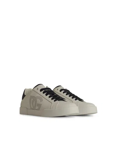 Dolce & Gabbana Portofino' White Low Top Sneakers With Perforated Logo In Leather