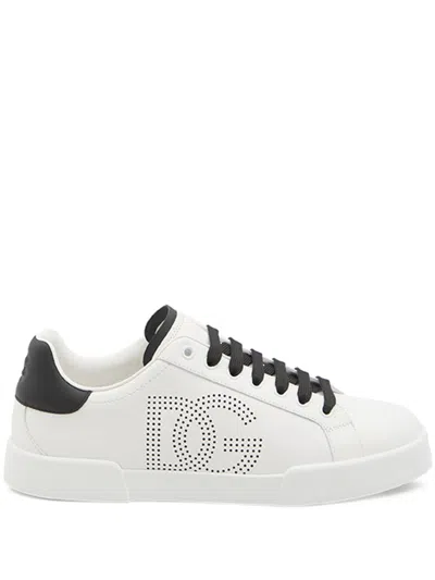 Dolce & Gabbana White And Black Leather Sneakers In White