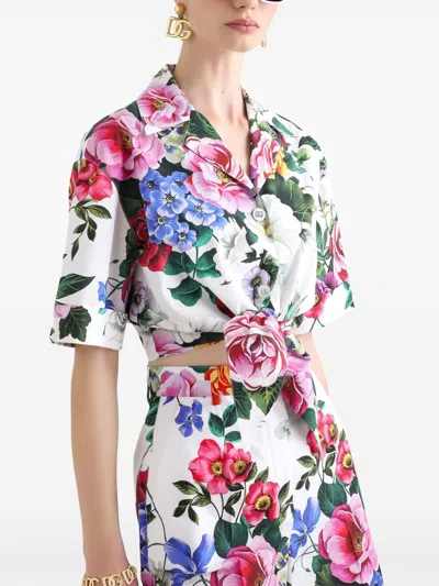 Dolce & Gabbana Multicolor Crop Shirt With All-over Floral Motif And Logo Lettering Detail On The Front In Cotton Wo