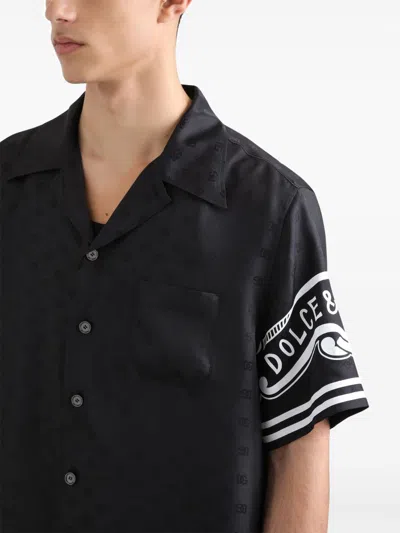 Dolce & Gabbana Black Shirt With Logo Print On The Sleeves In Silk Man