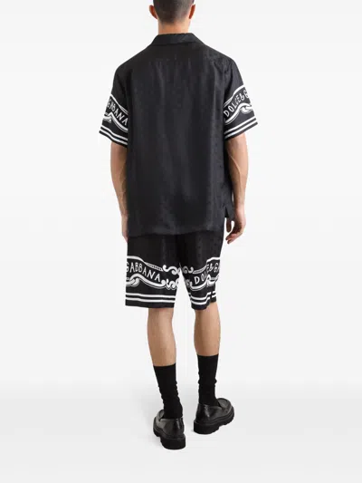 Dolce & Gabbana Black Shirt With Logo Print On The Sleeves In Silk Man