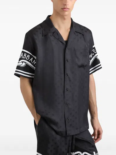 Dolce & Gabbana Black Shirt With Logo Print On The Sleeves In Silk Man