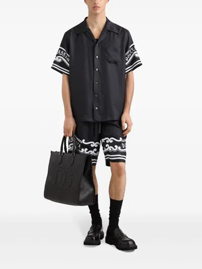 Dolce & Gabbana Black Shirt With Logo Print On The Sleeves In Silk Man
