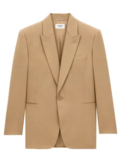Saint Laurent Paris Men Wool Gabardine Single-breasted Jacket In Beige