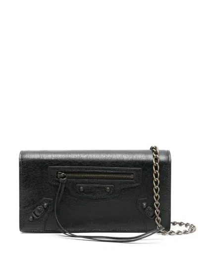 Balenciaga Le City Flap Leather Wallet With Chain Strap In Black
