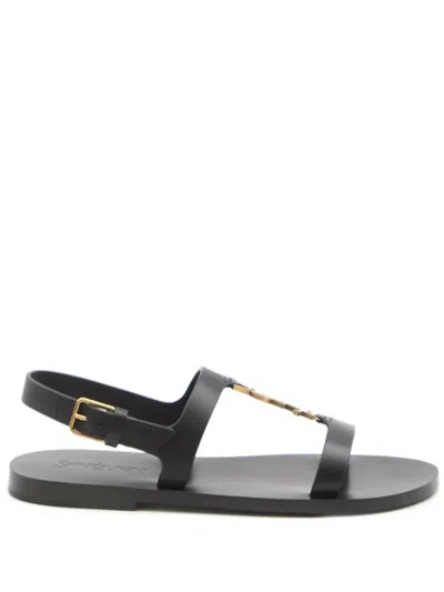 Saint Laurent Black Sandals With Metal Cassandre On The Front And Adjustable Strap In Leather Woman In Black