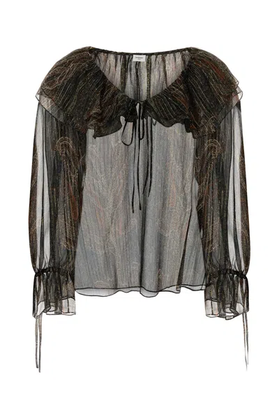 Saint Laurent Multicolor Off-shoulder Blouse With Drawstring Poet Sleeves In Silk Blend Woman