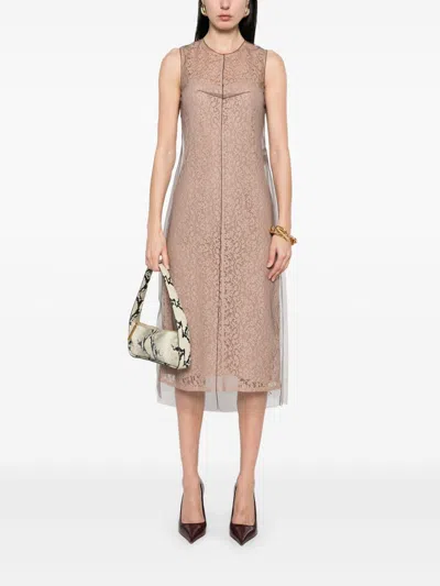Fendi Women Beige Sleeveless Crewneck Dress With Floral Embroidery In Lace Woman In Neutral