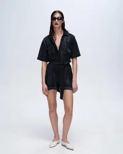 Atm Anthony Thomas Melillo Pique Mixed Media Short Sleeve Romper In Black