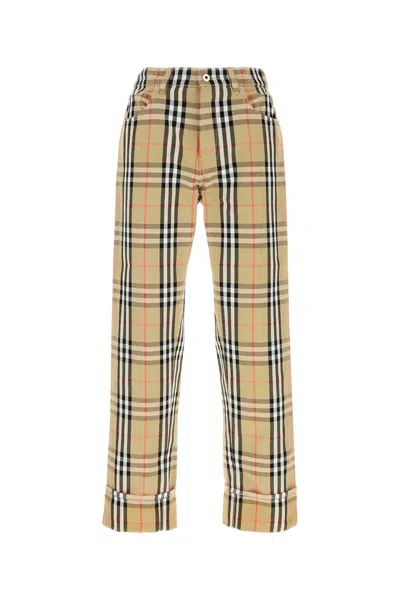Burberry Men Beige Pants With Ekd Embroidery On The Rear And Check Motif All-over In Tech Fabric Man In Brown