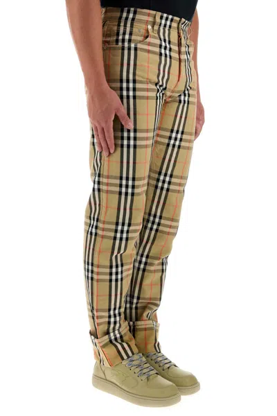 Burberry Men Beige Pants With Ekd Embroidery On The Rear And Check Motif All-over In Tech Fabric Man In Brown