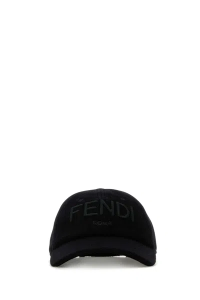 Fendi Men Wool Blend Baseball Hat With Logo Embroidery In Black