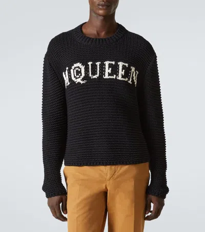 Alexander Mcqueen Mcqueen Textured Cotton Sweater With Inlaid Logo In Black