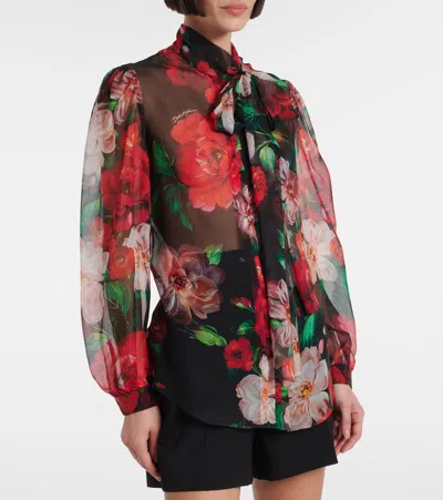 Dolce & Gabbana Shirt With Bow In Chiffon With Floral Print In Multicoloured