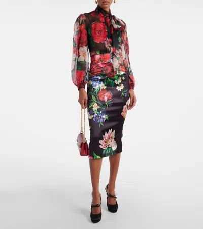Dolce & Gabbana Shirt With Bow In Chiffon With Floral Print In Multicoloured