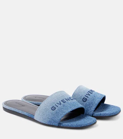 Givenchy 4g Embroidered Denim Flat Slide Sandals In Blue