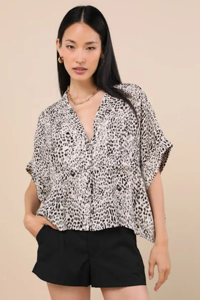 Lulus Island Style White Leopard Print Button-up Short Sleeve Top In White