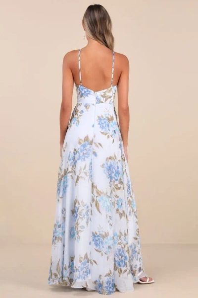 Lulus Romantic Marvel Light Blue Floral Print Halter Neck Maxi Dress In Light Blue