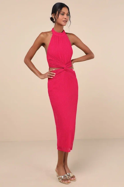 Lulus Poised Attitude Berry Pink Halter Cutout Twist-front Midi Dress In Berry Pink