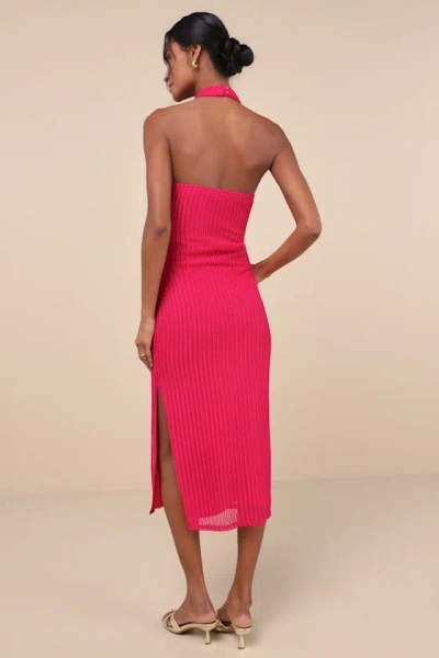 Lulus Poised Attitude Berry Pink Halter Cutout Twist-front Midi Dress In Berry Pink