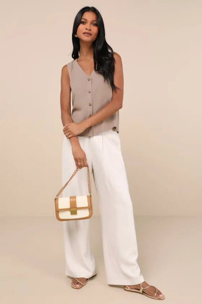 Lulus Casually Sophisticated Brown Linen Sleeveless Button-front Top In Brown