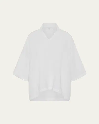 Eskandar A-line Short Sleeve Tunic With Double Stand Collar (mid Length) In White