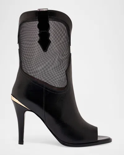 Partlow Bianca Leather Mesh Peep-toe Booties In Nero