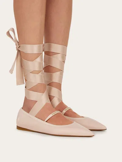 Ferragamo Carice Satin-trimmed Leather Ballet Flats In Pink