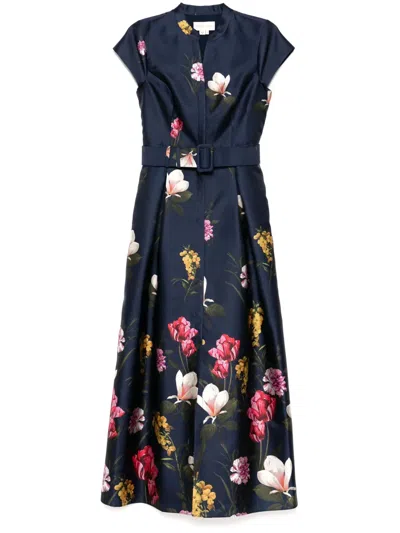 Sachin & Babi Marta Belted Floral-print Mikado Gown In Dark Midnight Garden