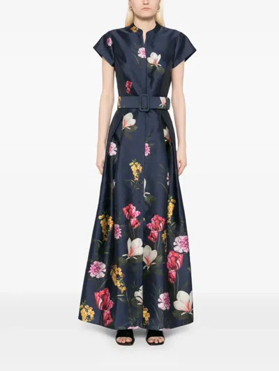 Sachin & Babi Marta Belted Floral-print Mikado Gown In Dark Midnight Garden