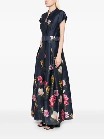 Sachin & Babi Marta Belted Floral-print Mikado Gown In Dark Midnight Garden