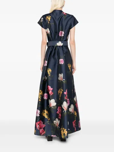 Sachin & Babi Marta Belted Floral-print Mikado Gown In Dark Midnight Garden