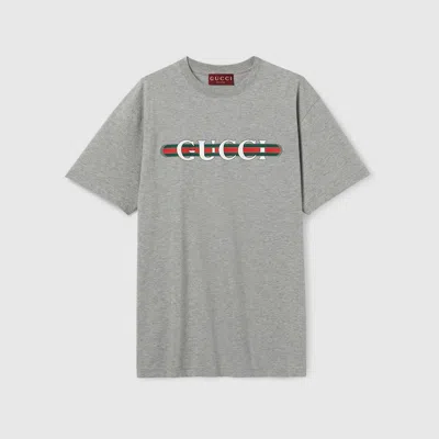 Gucci Grey Crewneck T-shirt With Logo Lettering And Web Detail On The Front In Cotton Woman In Grey