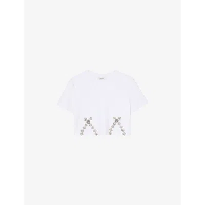Sandro Womens Naturels Crystal-embellished Cut-out Cotton-blend T-shirt