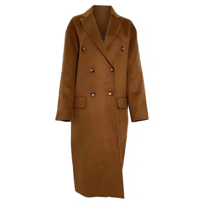 Reformation Double-breasted Long Coat In Brown Polyester-wool Blend In Brown