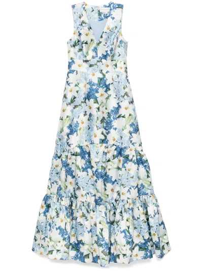Sachin & Babi Rori Tiered Floral-print Mikado Gown In Sky Blue Star Lillies