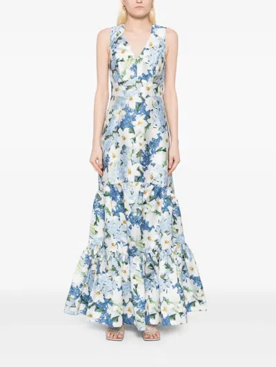 Sachin & Babi Rori Tiered Floral-print Mikado Gown In Sky Blue Star Lillies