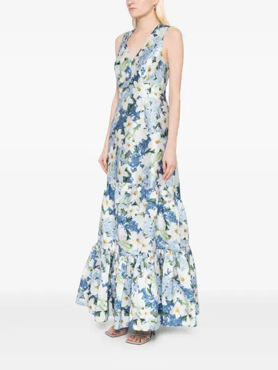 Sachin & Babi Rori Tiered Floral-print Mikado Gown In Sky Blue Star Lillies