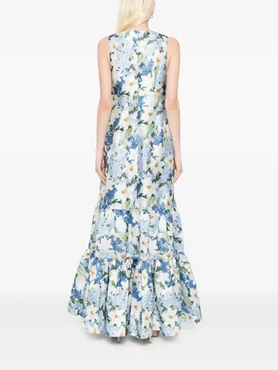 Sachin & Babi Rori Tiered Floral-print Mikado Gown In Sky Blue Star Lillies