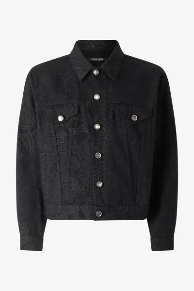 Roberto Cavalli Python-print Denim Jacket In Black