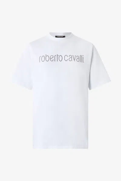 Roberto Cavalli T-shirt With Logo And Mini Studs In White