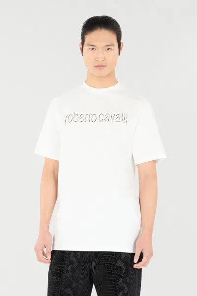 Roberto Cavalli T-shirt With Logo And Mini Studs In White